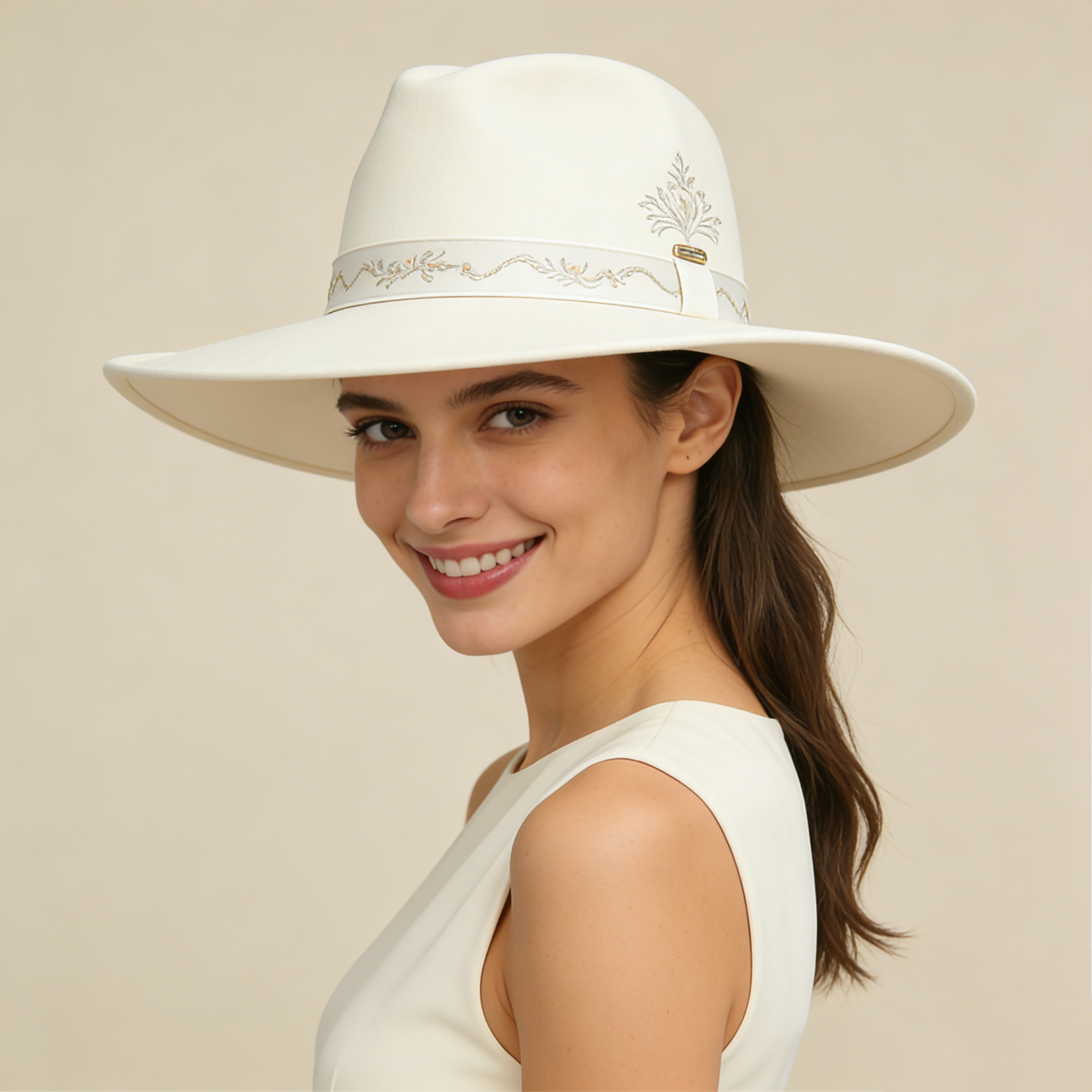 Ivory Embroidered Brim Hat